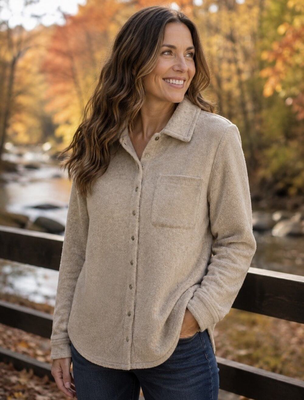 Soft Surroundings Women’s Fleece Button Up Shirt Size S Cream Cozy, Outerwear